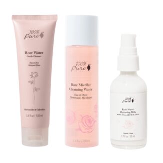 hudpleiepakke 100% pure rose water cleanser, micellar water og fuktighetskrem