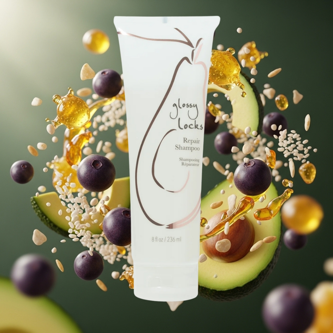 100% Pure Glossy locks Repair shampoo 236 ml - reparerende naturlig shampoo uten kunstige tilsetningsstoffer. Renser og vansker og en skånsom måte.