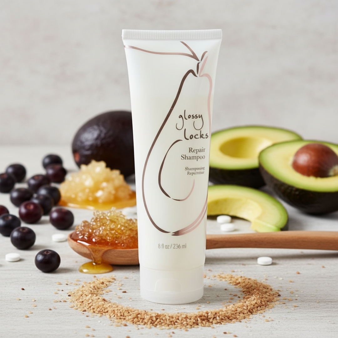 100% Pure Glossy locks Repair shampoo 236 ml - reparerende naturlig shampoo uten kunstige tilsetningsstoffer. Renser og vansker og en skånsom måte.