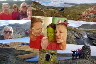 Jeg og venninner på fjelltur, med masker og kos