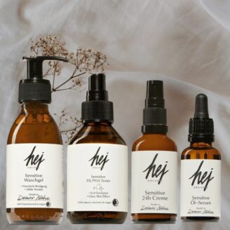 4 stegs hudpleiepakke hej organic sensitive. rens, toner, serum og krem