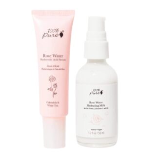 100% pure hudpleiepakke rose water hyaluronic serum og rose hydrating milk fuktighetskrem