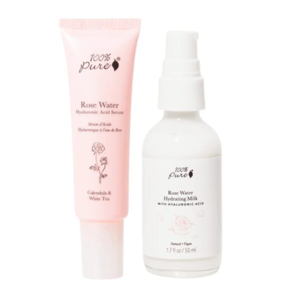 100% pure hudpleiepakke rose water hyaluronic serum og rose hydrating milk fuktighetskrem