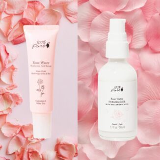 100% pure hudpleiepakke rose water hyaluronic serum og rose hydrating milk fuktighetskrem