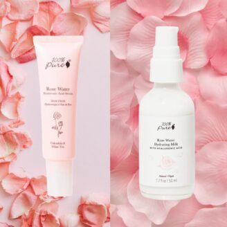 100% pure hudpleiepakke rose water hyaluronic serum og rose hydrating milk fuktighetskrem