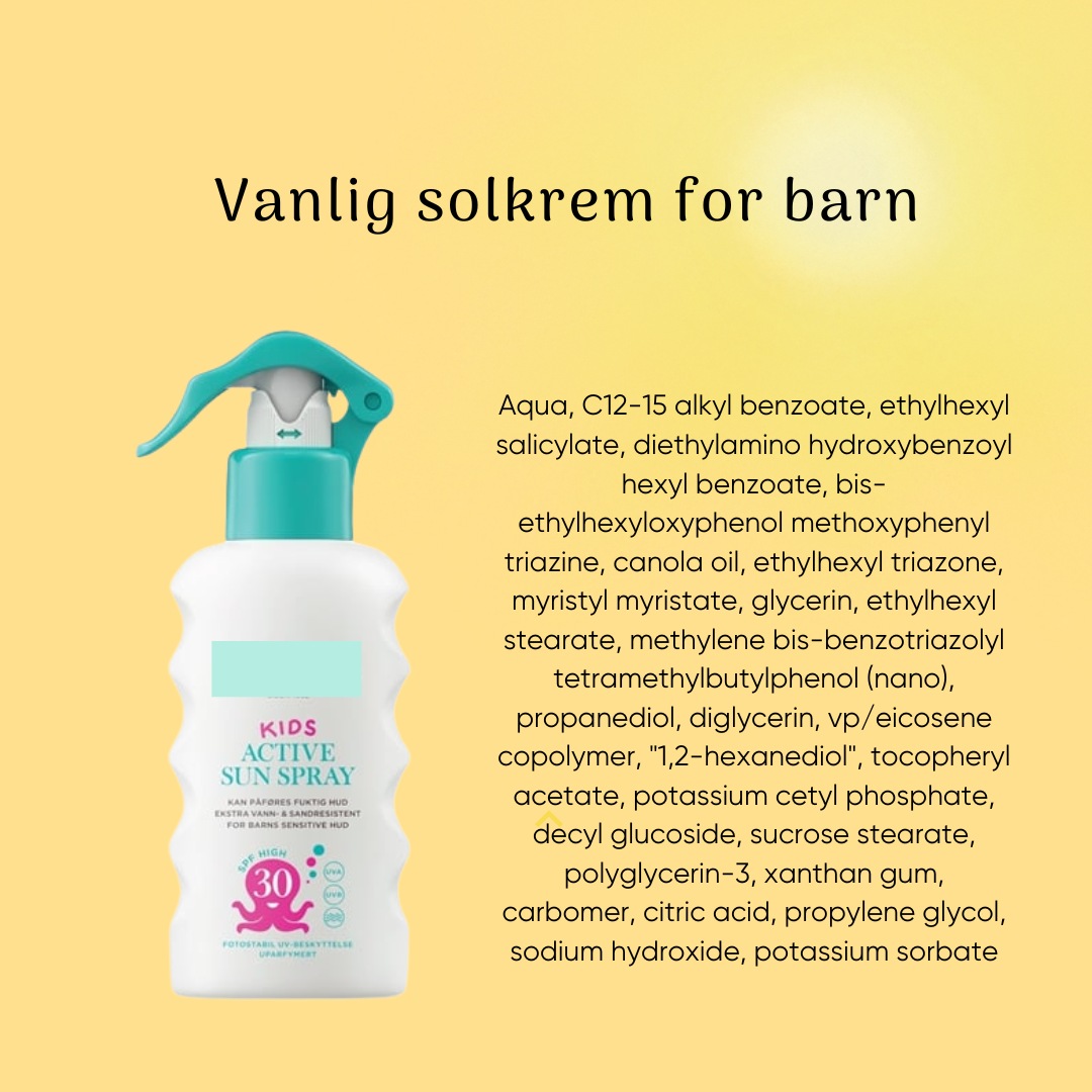 En vanlig solkrem for baby og barn, med en LANG kjemisk ingrediensliste. hvem vil spraye dette på barna sine?