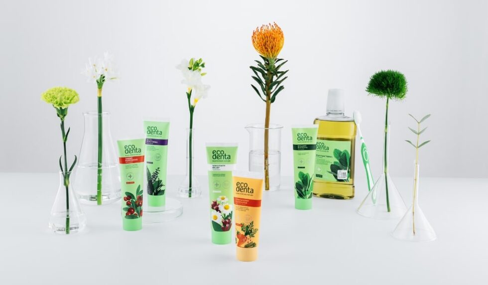 Ecodenta green line med plantebaserte ingredienser.