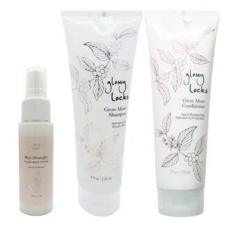 Hårpleiepakke med 100% Pure Glossy Locks Grow More shampoo & conditioner + detangler. Rensende og næringsgivende trio som stimulerer hårvekst og tilfører fuktighet.