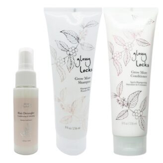 Hårpleiepakke med 100% Pure Glossy Locks Grow More shampoo & conditioner + detangler. Rensende og næringsgivende trio som stimulerer hårvekst og tilfører fuktighet.