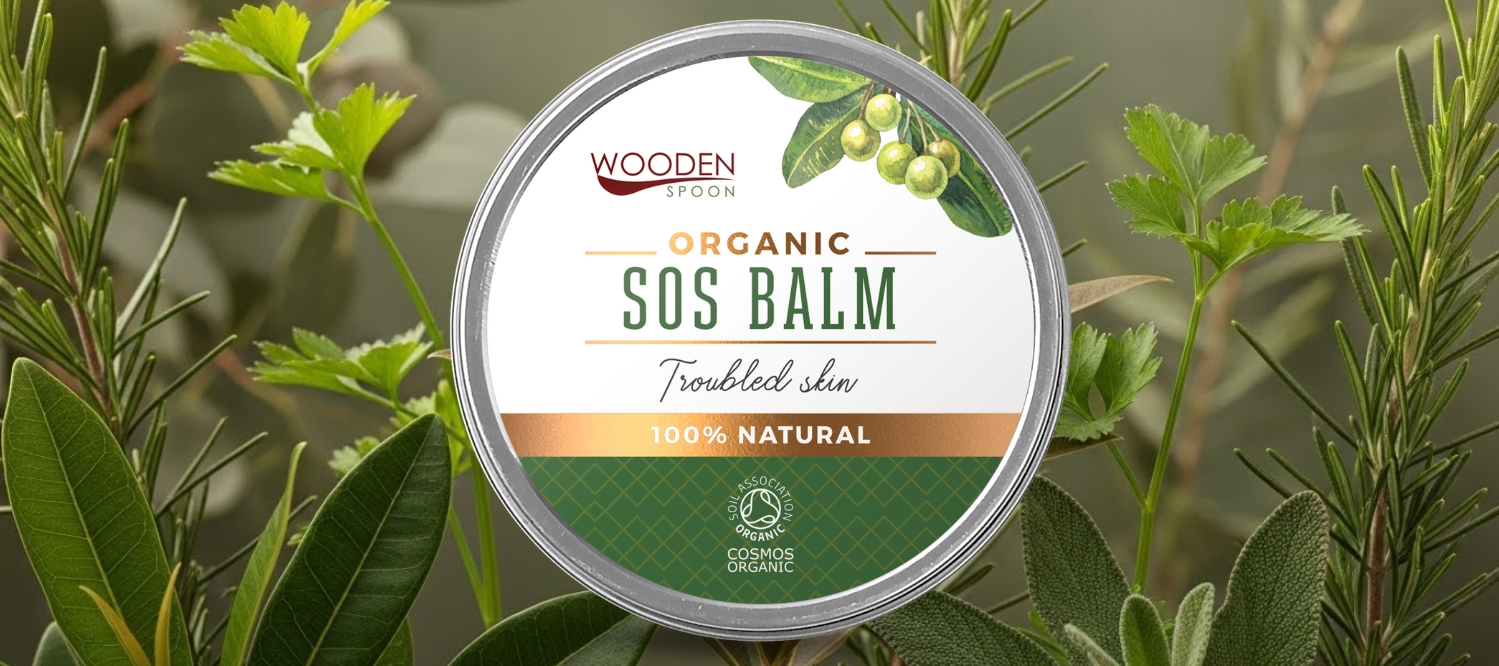 SOS balm er lindrende og reparerende for skadet hud, uren hud, irritert hud, helt naturlig med tamanu, zinc oxide, rosemarin, persille,