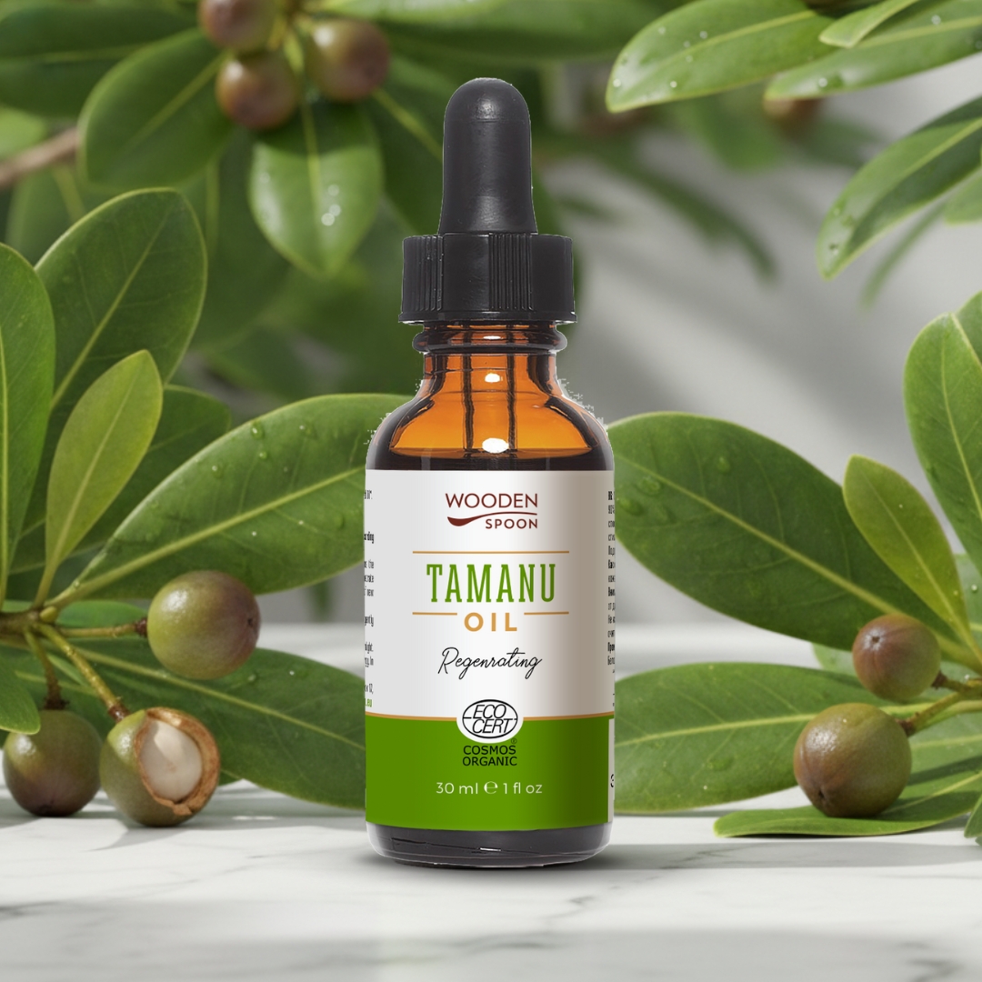 Naturlig tamanu olje for lindrende og hudreparering. En unik olje som hjelper huden å lege seg selv.