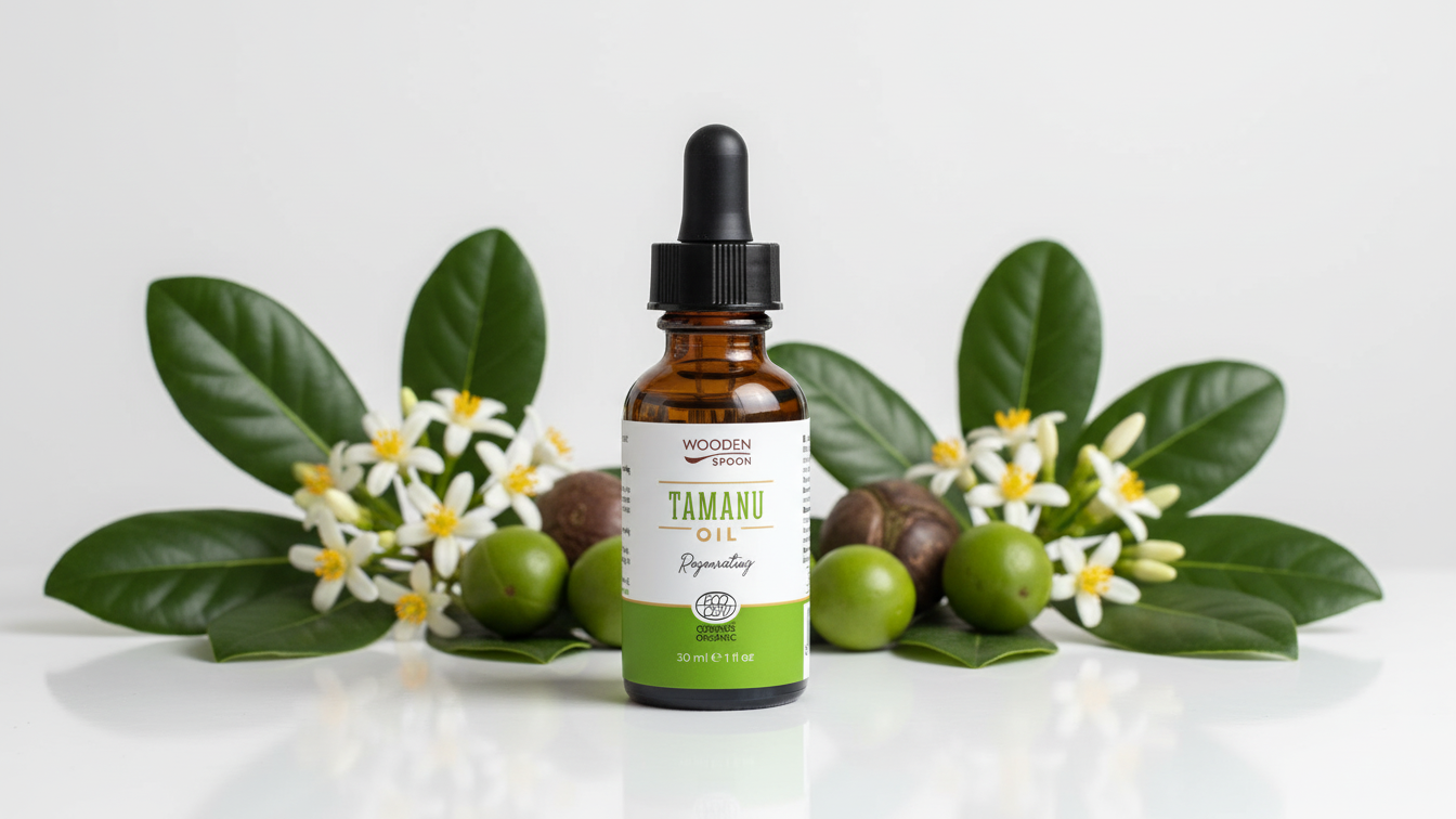 Tamanu olje som leger huden - økologisk , ren olje fra wooden spoon og Karma.no
