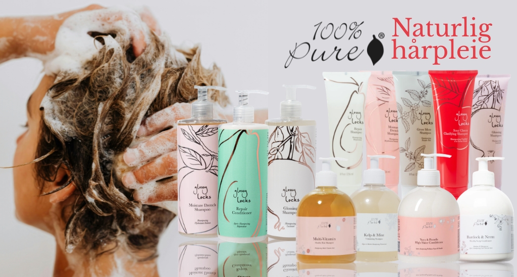 Naturlige hårpleieprodukter fra 100% Pure. uten sls, og kunstige farger, mikroplast, parfymer og andre toxiner. Helt naturlig, og pleiende for hår og hodebunn